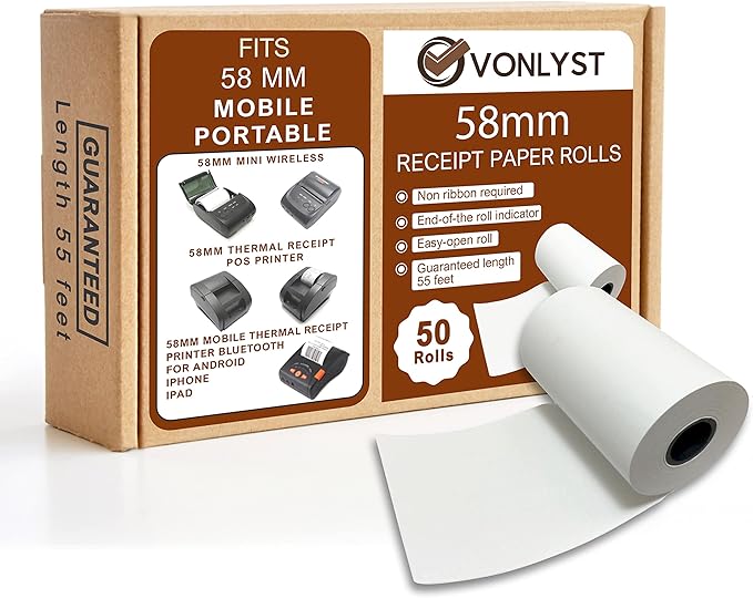 Receipt Paper Roll for 58mm Mobile Portable Thermal Printer (Pack 50 rolls)