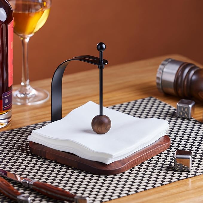 North American Walnut Napkin Holder for Table - Nordic Style Wooden Cocktail Napkin Holder Fits 5-7" Napkins - Windproof Dispenser for Kitchen, Coffee Bar, Cocktail Bar (Gift Idea)