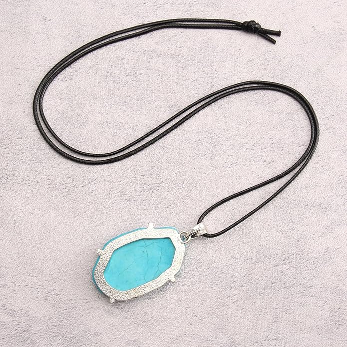 GelConnie Boho Necklaces for Women Vintage Silver Circles Long Pendant Necklace Cowgirl Sweater Necklace Adjustable Leather Choker Necklace for Women