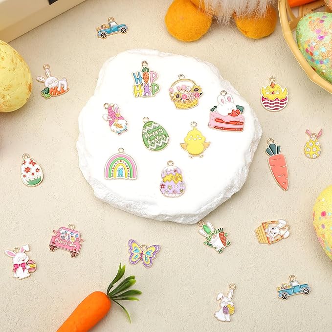MARFOREVER Easter Charms, 40Pcs/20 Pairs Easter Charms for Jewelry Making, Assorted Egg Bunny Rabbit Enamel Charm Pendants for Bracelet Necklace Earrings Making Accessories