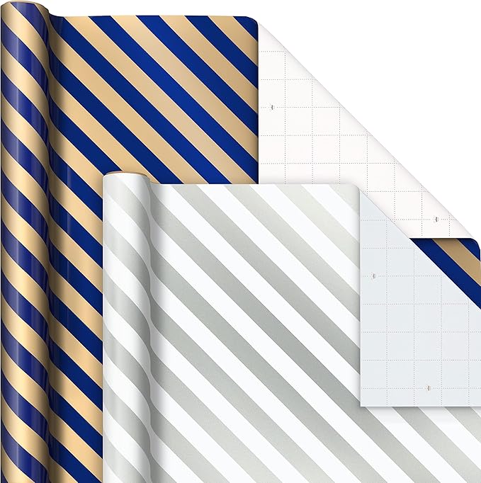 Hallmark Metallic Wrapping Paper Bundle with Cutlines on Reverse (6 Rolls: 210 Square Feet Total) Navy, Gold, Silver and White for Birthdays, Weddings, Graduations, Hanukkah, Christmas