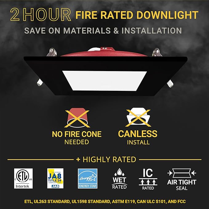 NUWATT 2 Hour Fire Rated Recessed Lighting 6 Inch, Square LED Lights, 5 CCT 2700K/3000K/3500K/4000K/5000K, 15W, Dimmable 1200LM, Black Recessed Lights, Wet & IC Rated, ETL, No Tenmat Needed, 6 Pack