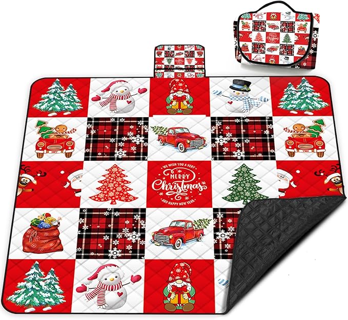Poedist Extra Large Picnic Blanket Waterproof,80"x 80"Foldable Machine Washable Beach Blanket,Outdoor Blanket for 6-8 Adults,Suitable for Crawling,Park Beach,Camping,Hiking,Family,Merry Christmas