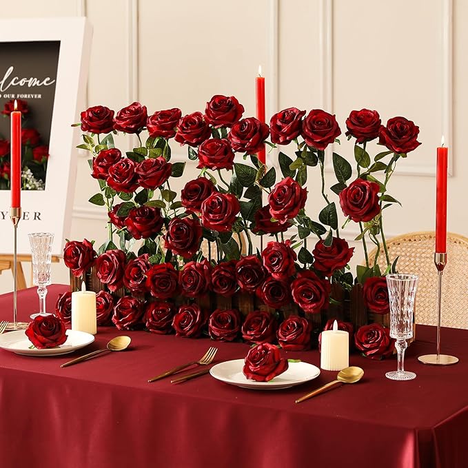 Tifuly 50 Pcs Red Roses Artificial Flowers Bulk,Realistic Long Stem Fake Silk Roses Bouquet for Wedding Centerpiece Table Vases Party Home Kitchen Decor（Burgundy）
