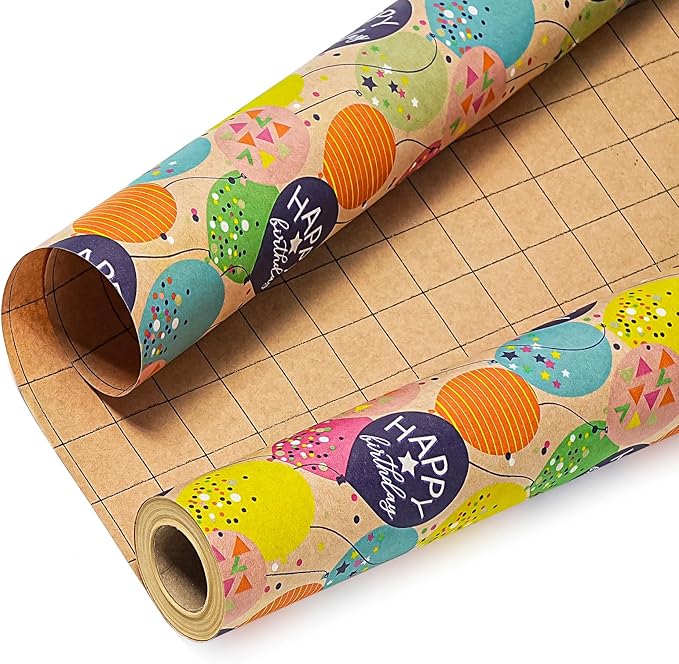 WRAPAHOLIC Kraft Birthday Wrapping Paper Roll - Mini Roll - 17 Inch x 33 Feet - Colorful Balloon with Confetti Design for Girls Boys Kids, Baby Shower, Party