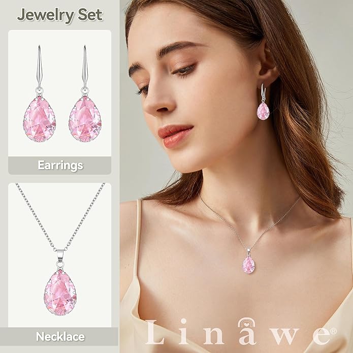 Linawe Crystal Jewelry Sets for Women, Imitation Diamond Pendant Necklace, Rhinestone Drop Dangle Earrings, Birthstone Cubic Zirconia Matching Wedding Jewelry, 14K Gold/Rose Gold/Silver Tones