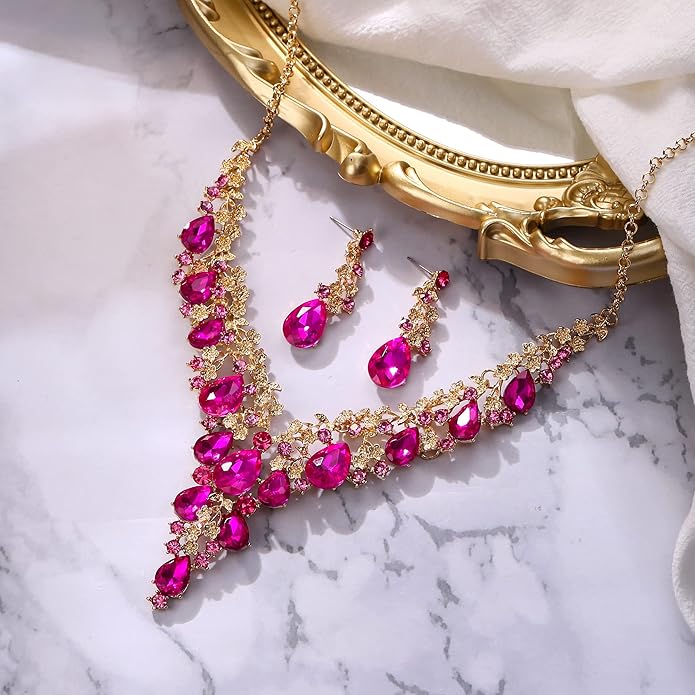 BriLove Women's Wedding Bridal Austrian Crystal Teardrop Flower Cluster Statement Necklace Dangle Earrings Jewelry Set for Party Prom