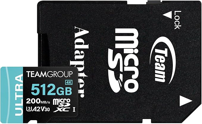 TEAMGROUP A2 Ultra Card 512GB Micro SDXC UHS-I U3 A2 V30, R/W up to 200/170 MB/s with Adapter TULMSDX512GIA2V3022503