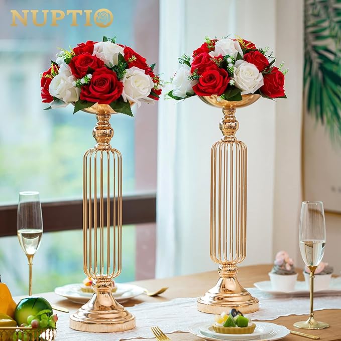 NUPTIO Pcs of 6 Fake Flower Ball Arrangement Bouquet,15 Heads Plastic Roses with Base, Suitable for Our Store's Wedding Centerpiece Flower Rack for Parties Valentine's Day Home Décor (Red & White)