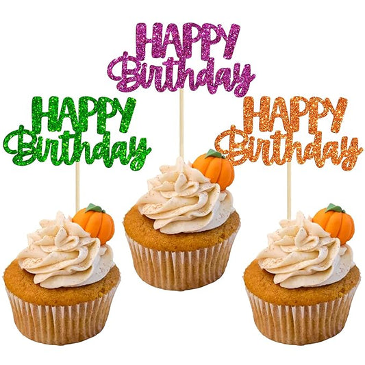 Gyufise 24Pcs Happy Birthday Cupcake Toppers Glitter Birthday Cupcake Food Picks for Celebrating Happy Halloween Theme Party Cake Decorations Supplies Orange Green Purple