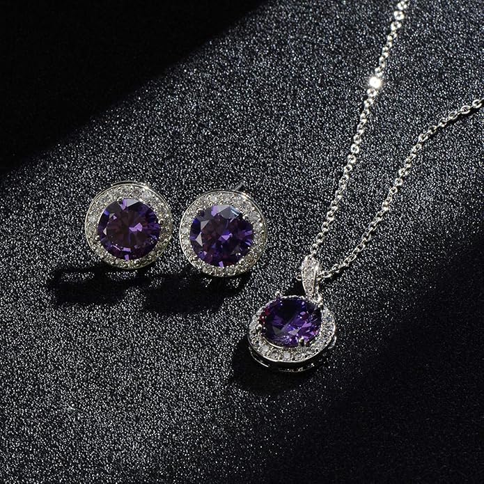 Bridal Crystal Jewelry Set - Sterling Silver Round Cubic Zirconia CZ Rhinestone Halo Birthstone Pendant Necklace Stud Earrings Set for Wedding Bride Bridesmaids Birthday Gift