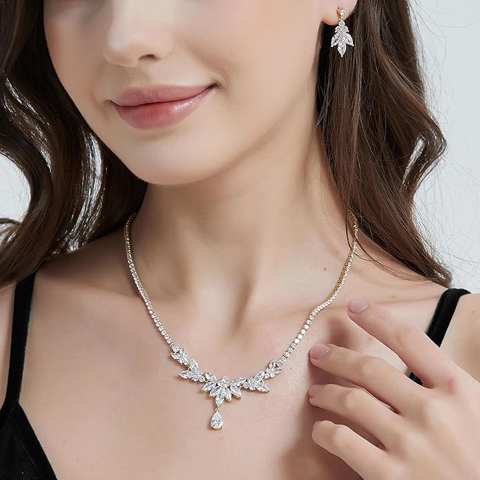 UDYLGOON Sparkling Bridal Jewelry Set for Bride & Bridesmaids, Imitation Cubic Zirconia Necklace, Earrings, Bracelet - Real Gold Plated, Hypoallergenic Gift for Her