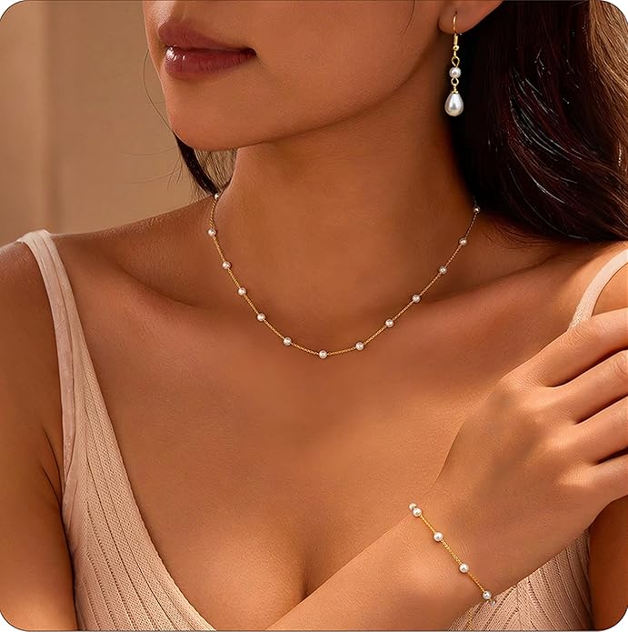 YADOCA Gold Jewelry Set for Women - 16K Gold Plated Pearl Necklace and Earring Set With Drop Earrings,Charm Layered Necklace,Adjustable Bracelets - Dainty Women's Pearl Jewelry Set For Wedding Gifts