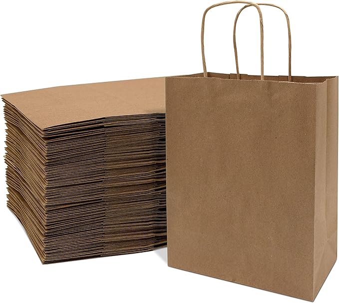 Prime Line Packaging Kraft Paper Bags, Brown Gift Bags with Handles, Small Craft Shopping Bags in Bulk for Boutiques, Small Business, Retail Stores, Gifts & Merchandise, Brown, 8x4x10 Inch, 8x4x10