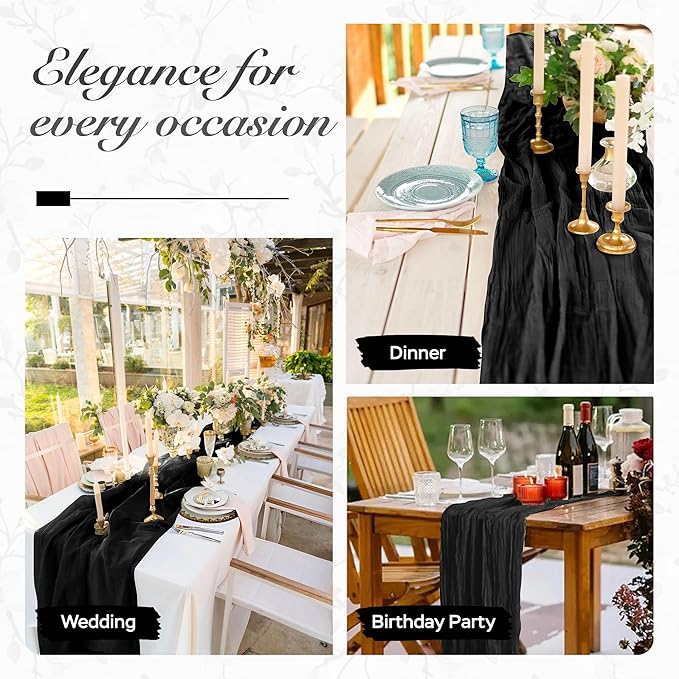 Cheesecloth Table Runner 3 Pack – 35x120 Inch (10ft) Boho Rustic Gauze Cloth Runners – Crinkle Polyester Table Decor for Wedding, Baby Shower, Bridal Shower, Birthday Party and More (Black)