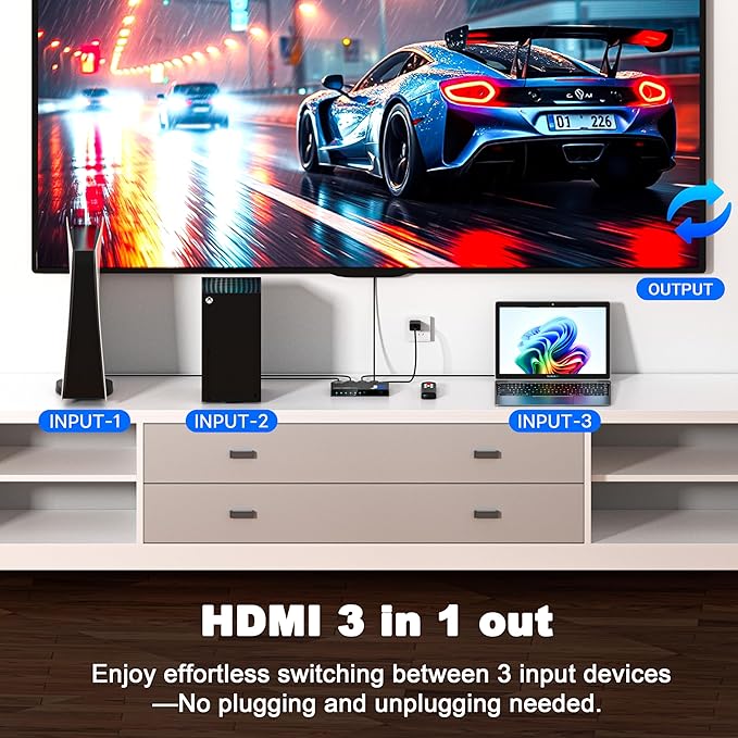 HDMI Switch 3 in 1 Out, 4K@60Hz Switcher, Auto-Switching HDMI 2.0 Switcher with Remote, HDCP 2.2/HD R/3D, Works with PS5/PS4/Switch/Xbox/PC