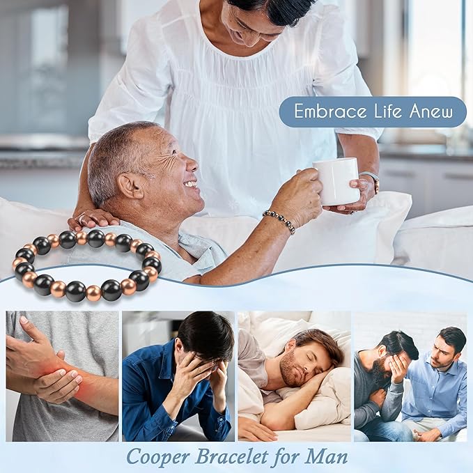 Copper Bracelet for Men Magnetic Bracelets as Valentines Gifts for Him, Dainty Copper Jewelry with 3800 Gauss Magnet, Weighted Bracelet for Men Beaded Bracelet Pulsera De Cobre Para Hombres