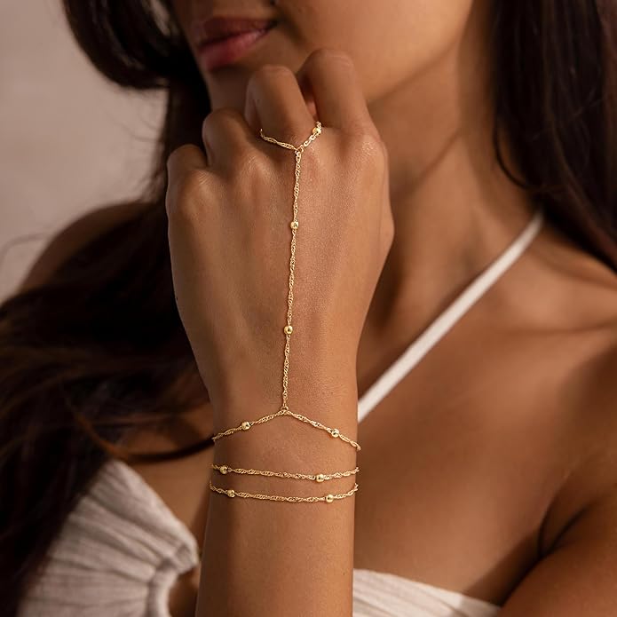 Valentine Gift 14K Gold Plated Hand Chain Bracelet for Women Trendy, 2 Pcs Stackable Gold/Silver Finger Ring Bracelet Hand Chain Dainty Non Tarnish Waterproof Set Jewelry Adjustable 7'+2