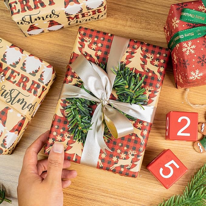 RUSPEPA Christmas Wrapping Paper Rolls - 17 inches x 10 feet per Roll, Total of 3 Rolls - Santa Claus, Reindeer and Snowflake