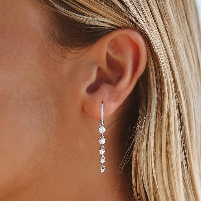 Dangle Earrings For Women Trendy 14K Gold Plated Drop Silver Long Dangling Dainty CZ Simple Hanging Jewelry