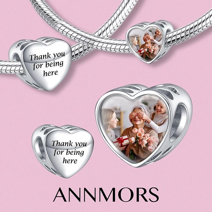 Annmors Personalized Photo Charms For Bracelets/Necklace 925 Sterling Silver Love Heart Shaped Engraved Customize Picture Gift for Birthday Mother's Day,Bead Charms Jewelry for Women