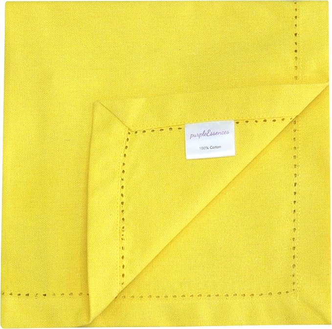 PurpleEssences Set of 6 Hemstitch Cloth Dinner Napkins 100% Cotton - Soft Durable Washable - Ideal for Wedding Christmas Holiday Winter - Perfect Everyday Use Table Linen 18x18 - Yellow
