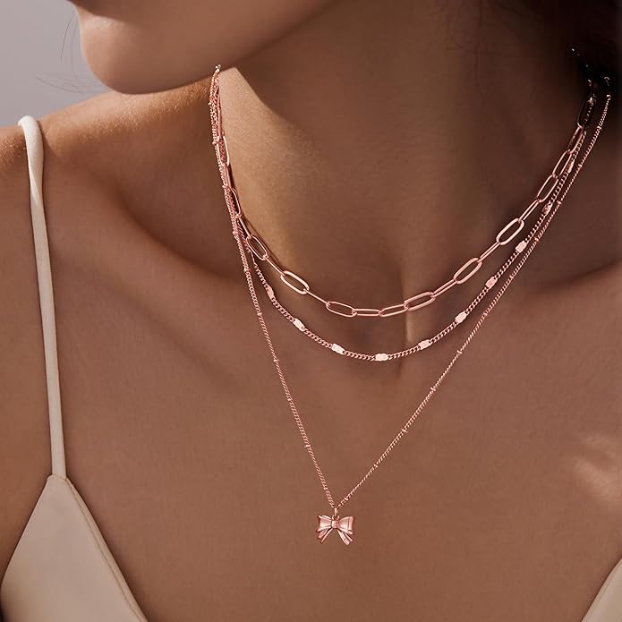 Layered Gold Necklaces for Women, Stackable Dainty 14K Gold Silver Plated Trendy Simple Heart Diamond Cross Bow Circle Pendant Paperclip Choker Dot Chain Necklace,Jewelry Set Gifts for Women