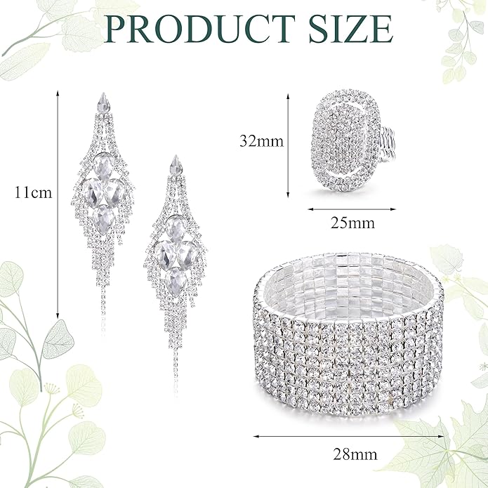 Sllaiss Rhinestone Bridal Jewelry Set for Women Sparkling Rhinestone Stretch Bracelet Ring Dangle Tassel Earrings Set Costume Jewelry