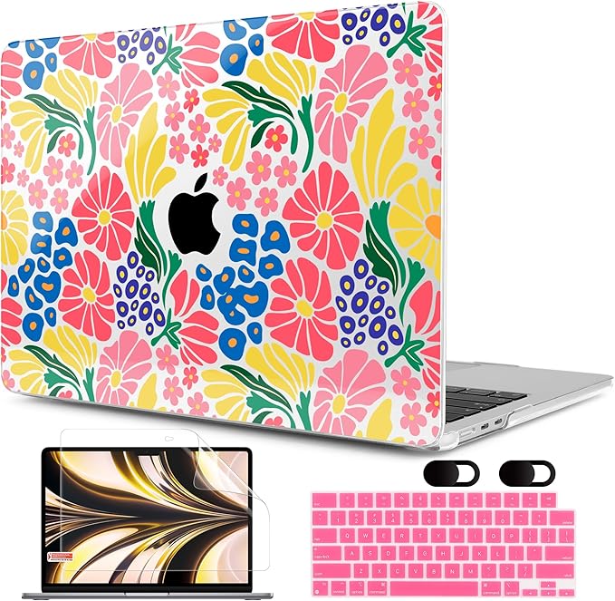 MEEgoodo Case for MacBook Air M4/M3/M2 13.6 inch 2025 2024 2022, Fit Model A3240 A3113 A2681, Compatible with MacBook Air 13 inch, Laptop Hard Shell Case with Keyboard Cover, Groovy Flower