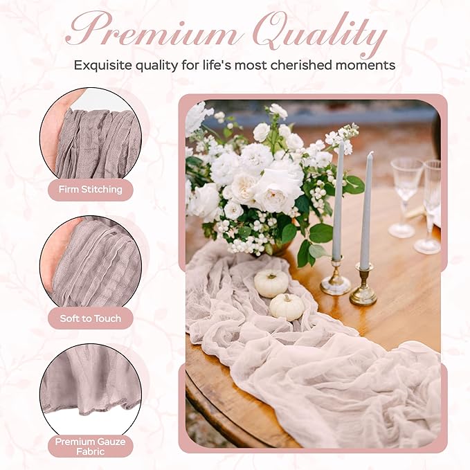 Cheesecloth Table Runner 3 Pack – 35x120 Inch (10ft) Boho Rustic Gauze Cloth Runners – Crinkle Polyester Table Decor for Wedding, Baby Shower, Bridal Shower, Birthday Party and More (Dusty Pink)