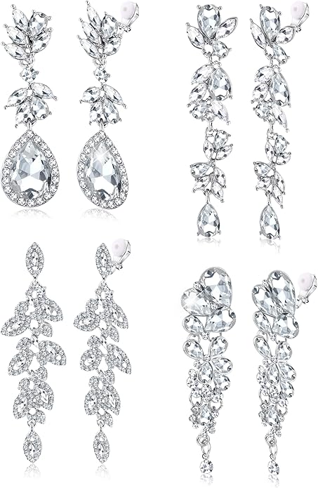 Jstyle 4 Pairs Silver Clip on Earrings for Women Elegant Rhinestone Clip on Earrings Dangle Drop for Brides Bridesmaids Non Pierced Earrings Set