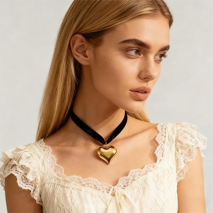 Black Cord 18K Gold Plated/Silver Heart Choker Necklace | Hypoallergenic Vibrant All-match Attractive Black String Love Necklace | Ingenious Design Emo Choker Necklace for Ladies