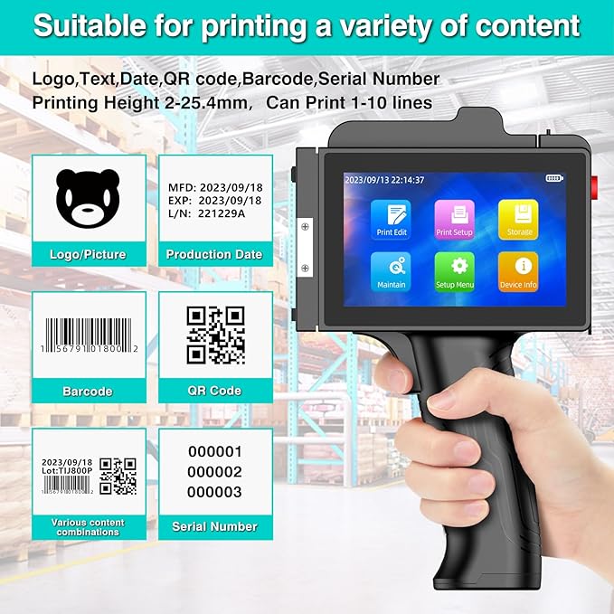 TIJ800P Handheld Inkjet Printer 1 inch Portable Handheld Printer Gun 5 Inch Screen Quick Drying Inkjet Coding Machine for Batch Number/Date/Barcode/QR Code/Logo etc