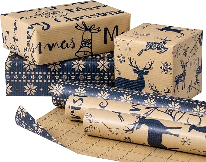 RUSPEPA Christmas Wrapping Paper Rolls - Mini Roll - 17 inches x 10 feet per Roll, Total of 3 Rolls - Reindeer and Snowflake