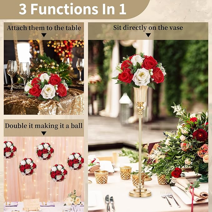 NUPTIO Pcs of 6 Fake Flower Ball Arrangement Bouquet,15 Heads Plastic Roses with Base, Suitable for Our Store's Wedding Centerpiece Flower Rack for Parties Valentine's Day Home Décor (Red & White)
