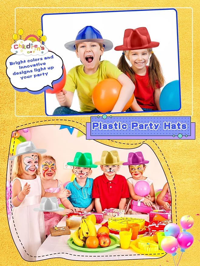 42 Pcs Plastic Party Hat Bulk Neon Fedora Party Hat Colorful Gangster Hats Metallic Party Hats for Men Women Kids Costume Accessory, 6 Colors
