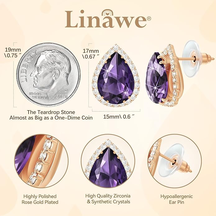 Linawe Women Stud Earrings, Teardrop Diamond Moissanite Cubic Zirconia Earrings Studs Rhinestone Jewelry Gold/Silver/Rose Gold