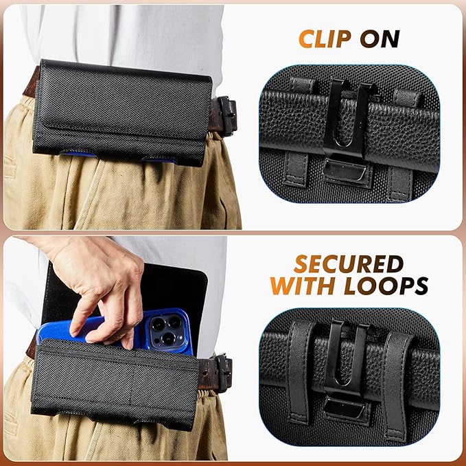 BECPLT Nylon Belt Holster Case for iPhone 12-16 Pro & Galaxy S20-S24 - Cell Phone Pouch with Clip - Black