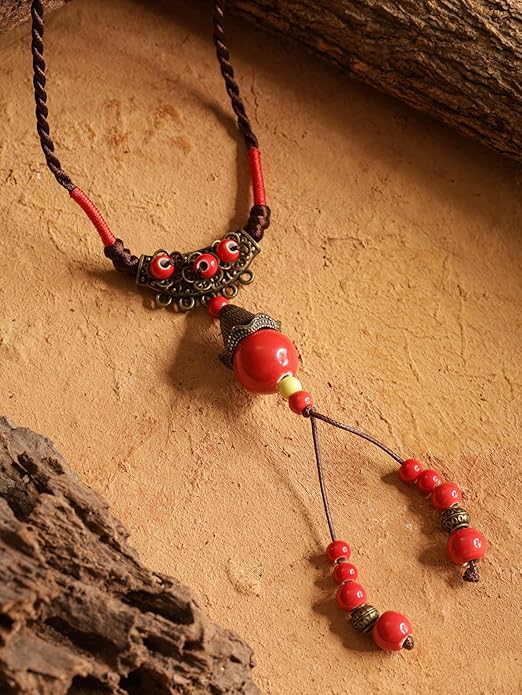 MINACHI Vintage Bohemian Ethnic Colorful Ceramic Bead Long Y Necklace, Hippie Boho Summer Fashion Jewelry Gift for Women