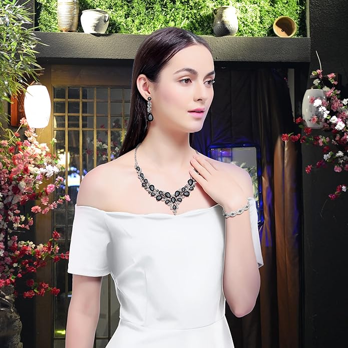 3/4 Pieces Women Jewelry Set Artificial Rhinestone Crystal Bride Statement Choker Necklace Tiara Crown Link Bangle Bracelet Teardrop Dangle Earrings Set