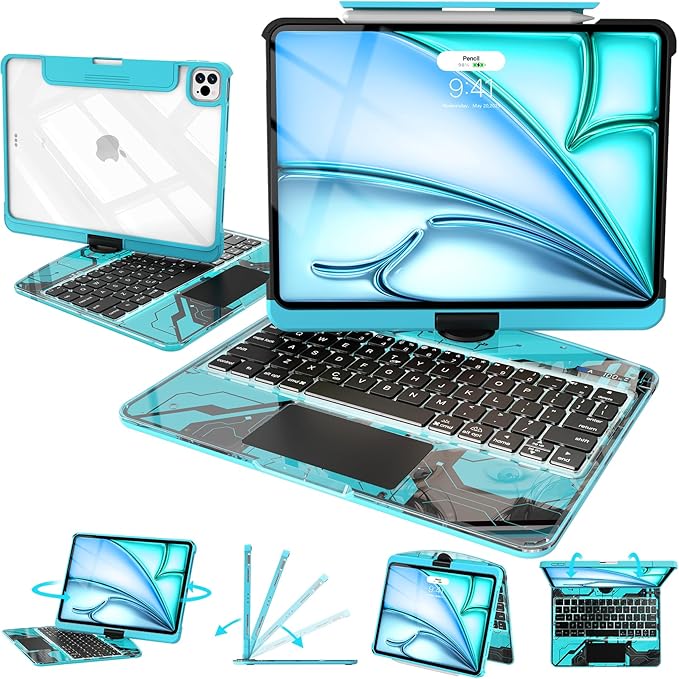 Intermerge Clear Keyboard Case for iPad Air 13" (M3/M2, 2025/2024) & Pro 12.9" (2022-2018) - 360° Rotatable Trackpad, RGB Backlit Keyboard, Pencil Holder, Power Indicator, Type-C, Nebula Core X