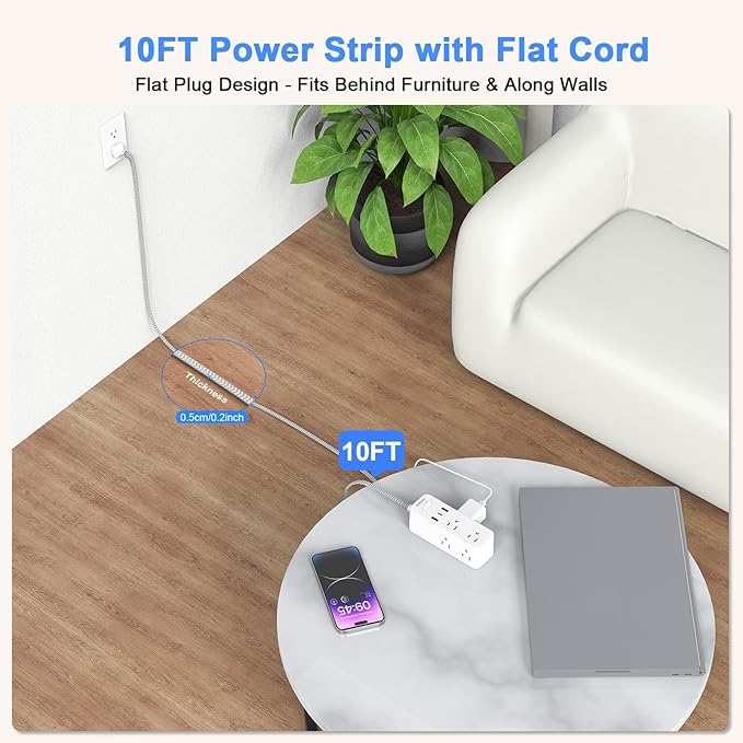 Extension Cord with Multiple outlets, 10 Ft Braided Power Cord, 6 Widely Outlets with 3 USB Ports (1 USB C), Ultra Thin Flat Plug, 3 Sided 1050J Power Strip Surge Protector for Home Travel Office
