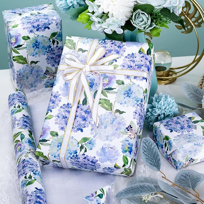 MAYPLUSS Floral Gift Wrapping Paper Roll - Watercolor Blue Hydrangea Design Floral Gift Wrap Paper for Wedding, Bridal Shower, Mother’s Day, Valentine's Day, Birthday, Anniversay (17 Inch X 33Feet)