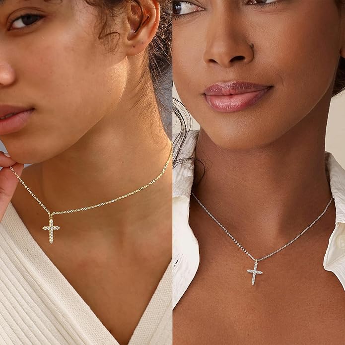Crown Cross Necklace for Women, 14K Gold Silver Cubic Zirconia Crown Cross Necklace, Diamond Gold Silver Cross Necklaces, Dainty Cross Faith Simple Trendy Charm Jewelry Gift for Women