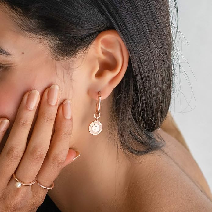 MyNameNecklace Personalized Odeion Initial Round Disc Shape Charm Hoop Earrings in Sterling Silver 925/ Gold Plating- Classic Delicate Jewelry Gift