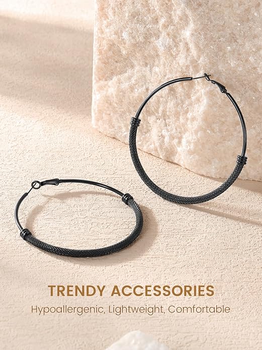 KeyStyle Mesh Hoop Earrings for Women, Stainless Steel Gold Hoops Earring Lightweight Loops, 2MM Thick Hypoallergenic Circle Endless Hollow Hoop 20mm-80mm