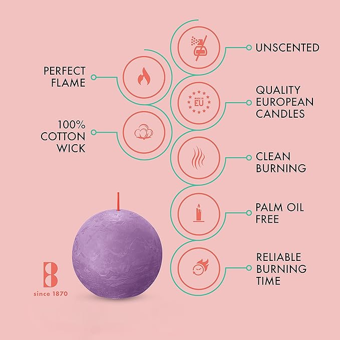 BOLSIUS 3 Pack Vibrant Violet (Purple) Rustic Ball Pillar Candles - 3 Inch - Premium European Quality - Includes Natural Plant-Based Wax - Unscented Dripless Smokeless 25 Hour Party Décor Candles
