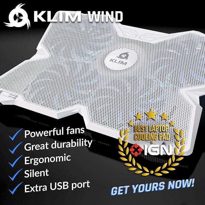 KLIM Wind Laptop Cooling Pad - More Than 500 000 Units Sold - New - The Most Powerful Rapid Action Cooling Fan - Laptop Stand with 4 Cooling Fans at 1200 RPM - USB Fan - PS5 PS4 - Full White