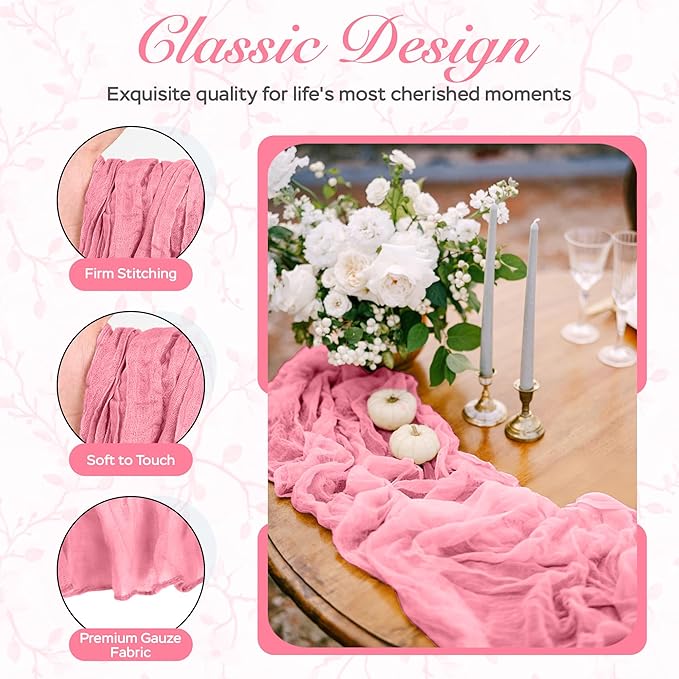 Cheesecloth Table Runner 3 Pack – 35x120 Inch (10ft) Boho Rustic Gauze Cloth Runners – Crinkle Polyester Table Decor for Wedding, Baby Shower, Bridal Shower, Birthday Party and More (Pink)