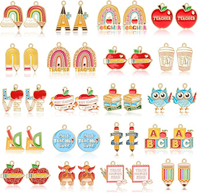 MARFOREVER Teacher Charms, 40Pcs/20 Pairs Student School Charms for Jewelry Making, Assorted Pencil Book Globe Enamel Charm Pendants for Bracelet Necklace Earrings Making Accessories